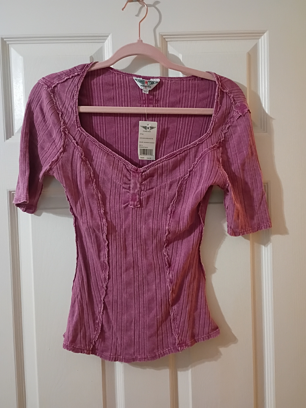 Hard Tail Pink Ribbed V-Neck Short Sleeve Top